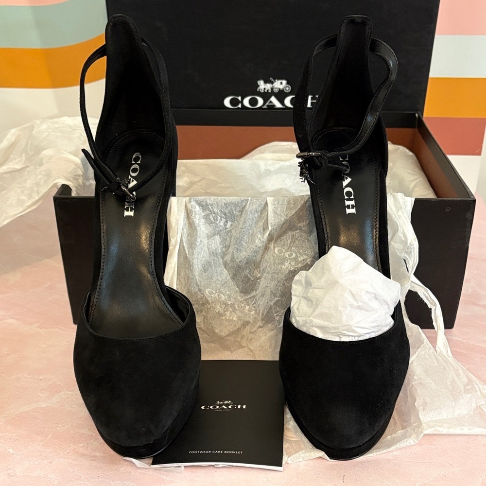 NIB Coach Chrystie Lux Suede Black Platform Ankle Strap Heels - Picture 5 of 16